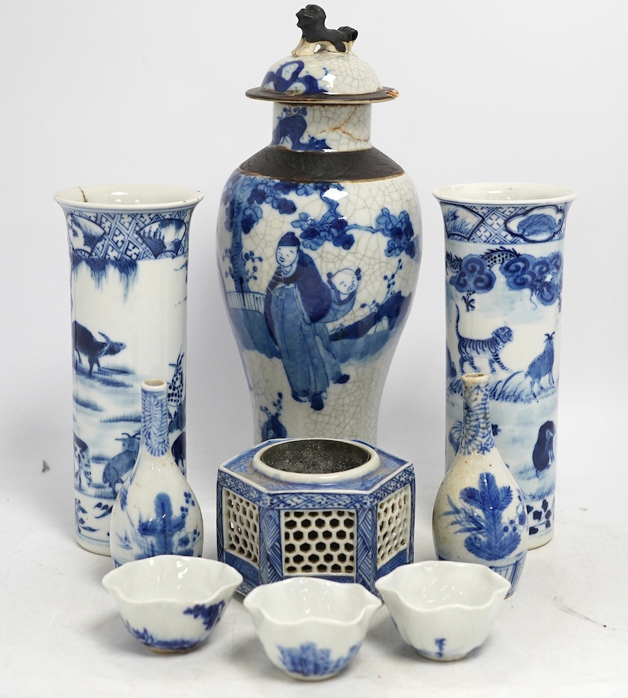 A group of 19th century and later Chinese blue and white porcelain, tallest 32cm. Condition - poor